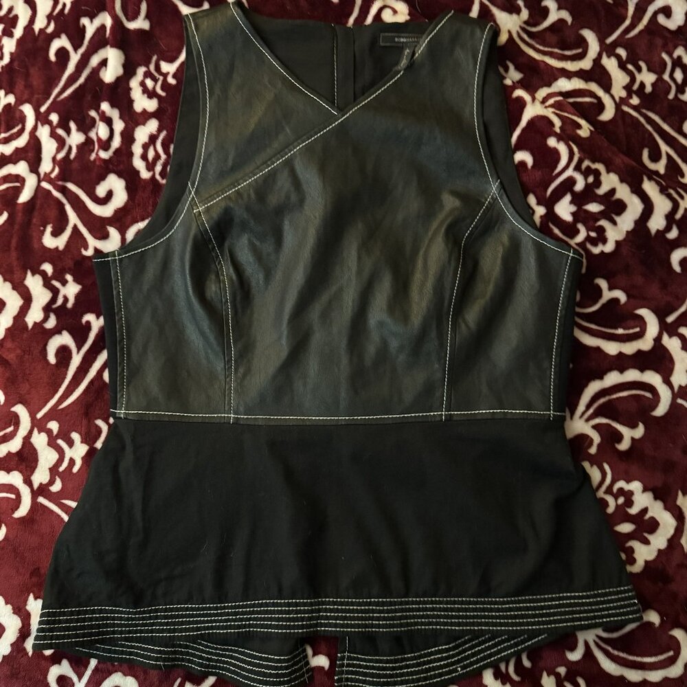 BCBGMAXAZRIA “Luella” Faux Leather Peplum Top with white topstitching